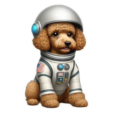 Light brown poodle seated with an spaceman suit and a helmet sticker