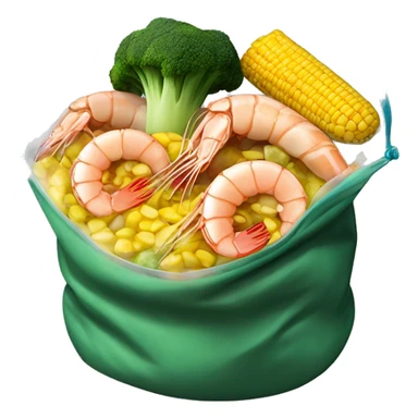 Realistic seafood boil with shrimp, broccoli & corn inside the clear boil bag sticker