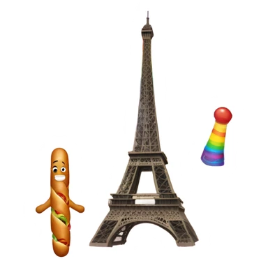 A giant holding the Eifel tower while riding on a rainbow eating a magic hotdog  sticker