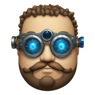 Fat cyborg head with blue steampunk goggles, brown beard and circuits sticker