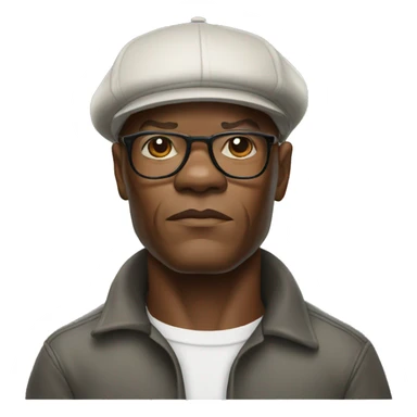 bald samuel l jackson serious wearing shirt and Kangol sticker