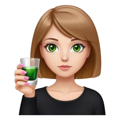 green eyes light brown hair white girl with short bob no bangs with a shot glass wearing black light pink nails sticker