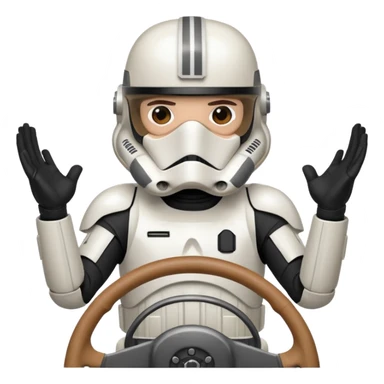 ["Stormtrooper helmet driver, white armor, hands on steering wheel."] sticker