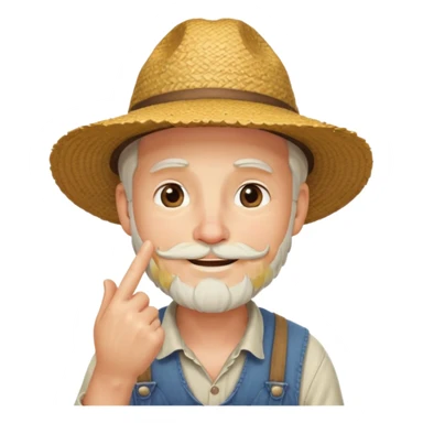 “A single emoji-style character combining 👨‍🌾😄 and 🤔: a smiling farmer man with a straw hat, friendly face, and light beard, holding one hand under his chin in a thinking gesture. His index finger rests under his face, eyes looking slightly upward as if thinking.  sticker