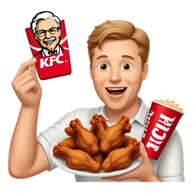 "Create an emoji of a white man holding KFC chicken wings with a happy and excited expression. Make sure to add the text 'KFC ABSOLUTE CINEMA ✋😮🤚' in large, bold letters, covering the entire screen and standing out clearly. This text must be included. Use a vibrant and expressive style." sticker