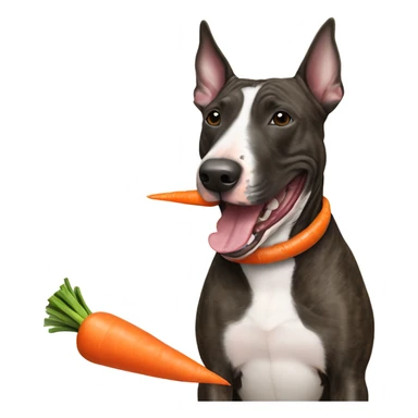 Brindle Bull terrier with a carrot toy in mouth sticker