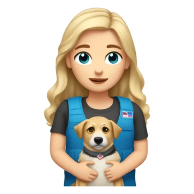 Girl with blonde hair and blue eyes holding a austalian shepherd dog stuffed animal that has a vest on that says emotional support  sticker