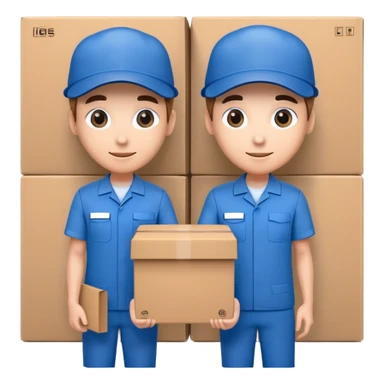 two suppliers standing together holding a big box, both wearing blue caps and blue work uniforms sticker
