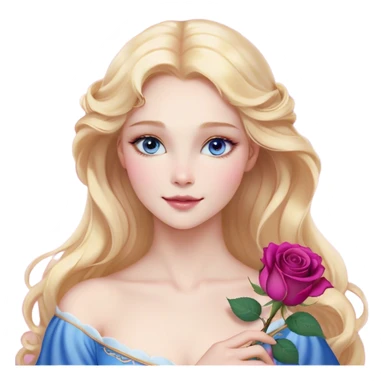 Cinematic Realistic Sleeping Beauty (Aurora) Portrait, with porcelain-like skin featuring a natural rosy flush, illuminated by soft lighting that highlights the gentle contours of her face. Her golden blonde hair flows in soft, detailed waves with subtle highlights that shimmer in the light. Her deep violet-blue eyes radiate warmth and innocence, framed by arched brows and long lashes. With a soft, serene smile, she holds a delicate rose gently in one hand, her other hand resting lightly by her side. She is dressed in her classic pink gown, the fabric rich in texture with delicate folds that catch the light. A golden crown rests atop her head, gleaming with royal refinement. The portrait captures a soft, glowing aura, blending realism with an ethereal sense of beauty and timeless enchantment. sticker