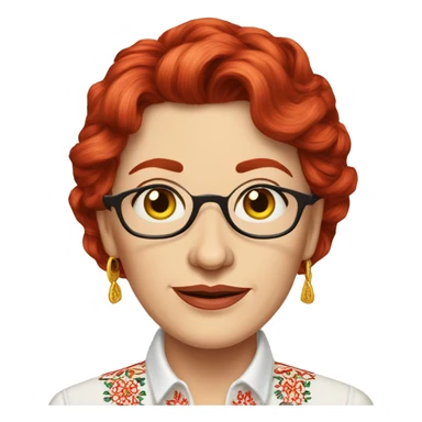 A middle-aged Ukrainian woman writer in an embroidered shirt with red hair
 sticker