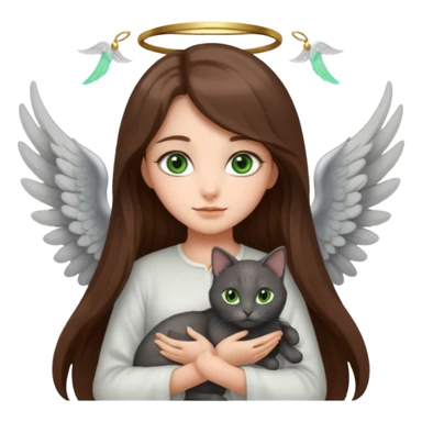 Girl with long brown hair holding a dark gray cat with green eyes and a pair of angel wings sticker