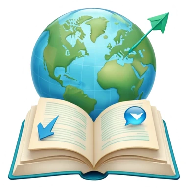 Create an emoji representing language translation. The design should feature an open book or a document with text in multiple languages (e.g., English, Spanish, Chinese), and a translation icon (such as an arrow between two languages) to symbolize the process of converting text. Include elements like a globe or a speech bubble to represent global communication. Use clear, simple lines and a color palette with blues, greens, and subtle neutral tones to convey the idea of clarity and understanding. Make the background transparent. sticker
