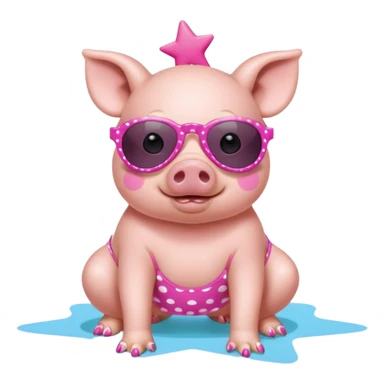 cute pig wearing  star-shaped sunglasses and polka dot bathing suit on all fours with nail polish sticker