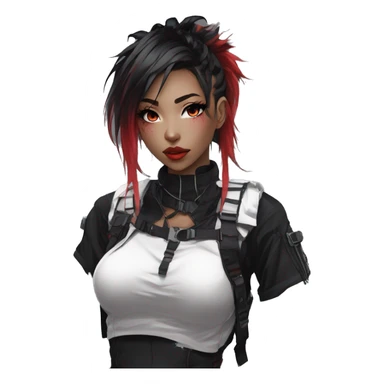 Gorgeous techwear anime style lady with blushing face aesthetic and pretty edgy black red white punk messy hair with collar and harness trending style sticker