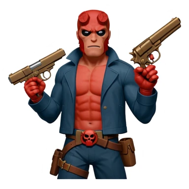 cinematic realistic superhero Hellboy by Mike Mignola jumps with a bronze pistol sticker