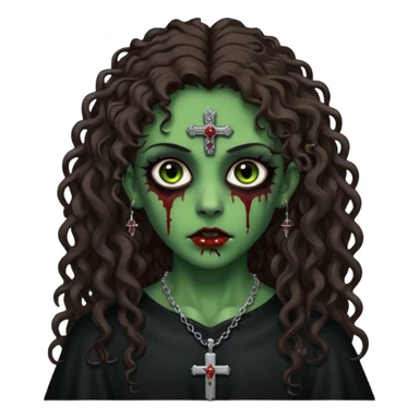 Zumbi verde com olhos castanhos aspecto de que tá sangrando, com cabelo marrom cacheado longo um piercing do lado esquerdo do nariz, roupa preta e crucifixo como colar, e também delineador  sticker