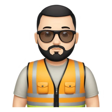 Man with black hair, a little chubby with sunglasses, and visibility vest and a beard. buzz cut sticker