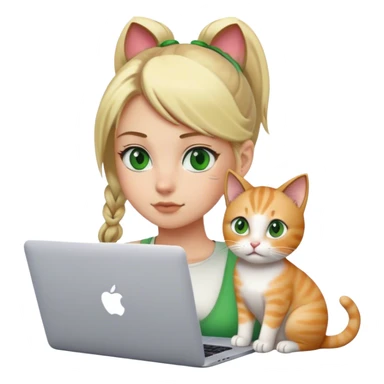 Blonde girl ponytail green eyes with apple MacBook and a cat sticker