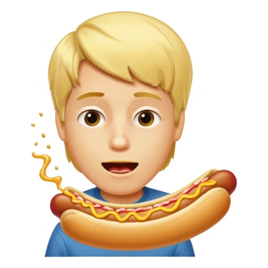A boy taking a huge bite of a hot dog loaded with mustard and relish.





















 sticker
