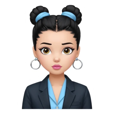 generate a pretty bratz girl with black hair tied up in a bun. wearing a light blue full sleeve shirt and a black blazer over it. silver small hoops, pink lipgloss.  sticker