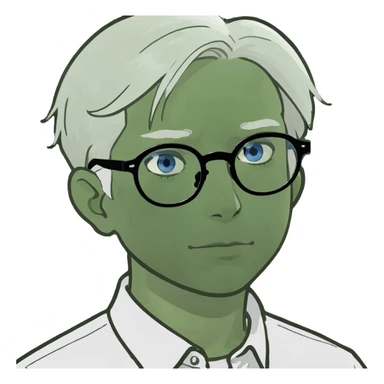 Thin white man, short white hair, black thin glasses, white shirt, blue eyes sticker