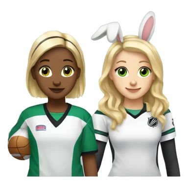 Two girls one with blonde hair and brown eyes and one with brown hair and green eyes, both with bunny ears, watching an ice hockey game sticker