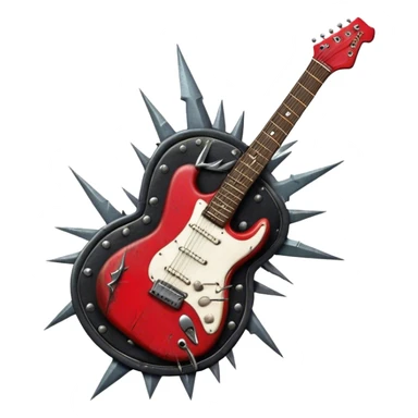 Create a powerful and dynamic humanless emoji representing rock vocals. The design should feature a classic vintage microphone with a rugged, distressed look, surrounded by elements like a guitar pick, electric guitar neck, and sound waves to reflect the raw energy of rock music. Add subtle details such as a spiked bracelet, leather textures, or bold lightning bolts to evoke the rebellious and intense spirit of rock. Use dark, edgy colors like black, red, silver, and metallic accents to emphasize the fierce, loud, and passionate nature of rock vocals. The background should be transparent. sticker