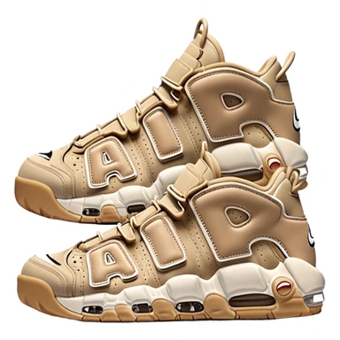 Beige Nike Air More Uptempo sneakers with large AIR letters on the sides, with one sneaker positioned slightly behind the other sticker