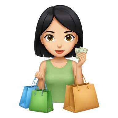 A girl whit black hair spending money whit bags of clothes  sticker