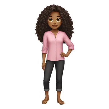 girl with straight curly hair with long sleeve pants with bare feet with sandals with short sleeve blouse black pants pink blouse showing and pretty face sticker