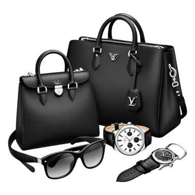 bag and watch, and glasses 1 specfic, all BLACK AND WHITE AND SILVER OR WHITE PLATED GOLD put together like a bundle with no face, all luxury items like lv and prada, and rolex sticker