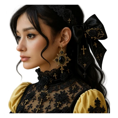 Add more gothic details such as ornate filigree, small black roses, and subtle cross motifs to the pastel yellow gothic bow and matching earrings. Keep lace and velvet details. Photorealistic style. Keep background transparent if possible. sticker