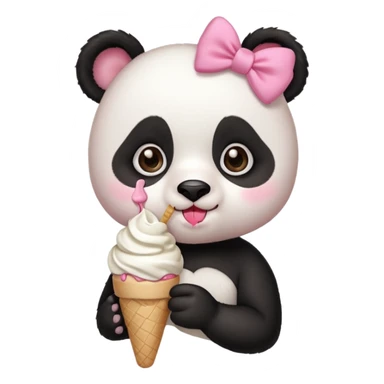 Cute chibi style girl Panda with eyelashes and big pink bow above ear eating and ice cream  sticker