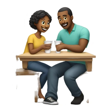 An emoji of a family—mother, father, and child—sitting at a table, playing a cup game with paper cups arranged on the table as they have fun together sticker