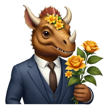 old triceratops in suit holding flowers sticker