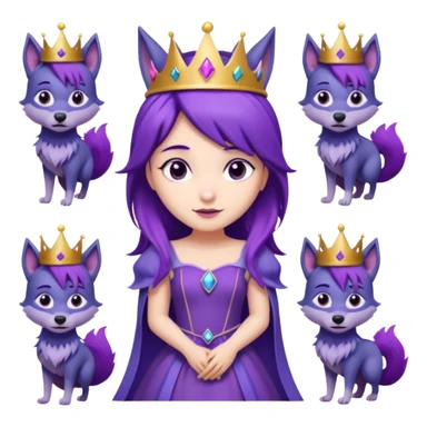  a cute princess wearing a purple dress and crown with purple hair and purple wolf ears and purple wolf tail character. Each square shows the character doing different actions against a white background And make a gap between each illusion sticker