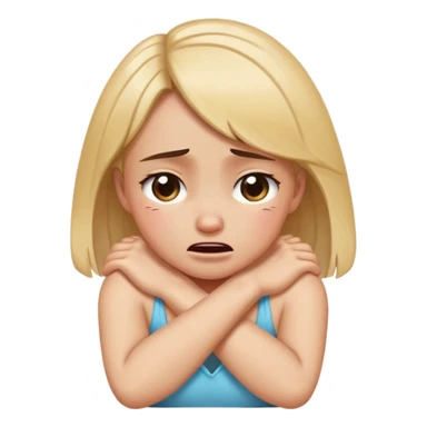 Girl crying with arms crossed grabbing neck sticker