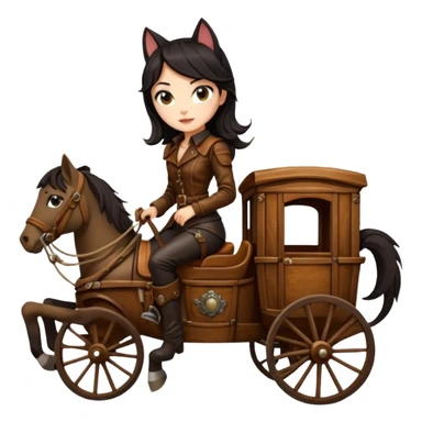  Rustic Lego antique wood detailed 1854 pretty dark-haired Catgirl driving a huge horse-drawn stagecoach Caravan on a bumpy scary trail in the woods  sticker
