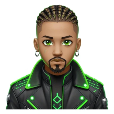 Light skinned African American male with green eyes as a cyberpunk hacker with cornrows hairstyle but short cornrows  with goatee facial hair sticker