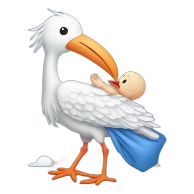 White stork carrying a blue bundle of cloth that has a human person cute baby human in it and the human baby head is peeking from the fabric the strok is carrying in its beak sticker