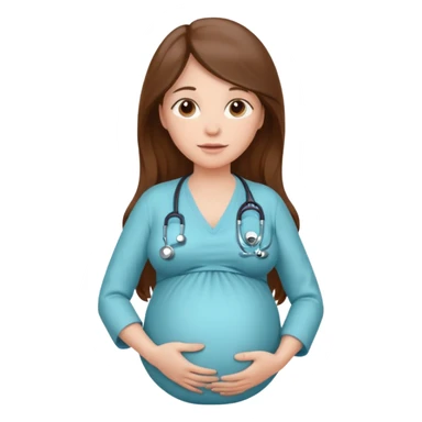 A pregnant woman with long brown hair belly with a stethoscope sticker