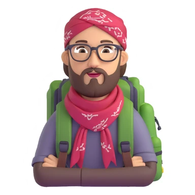 adventurer with goatee beard (no beard on cheeks), short hair, glasses, bandana on head and backpack sticker