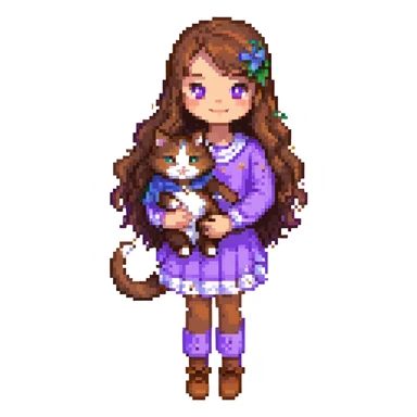 Add a simple, cheerful background to the scene with a girl with long, wavy brown hair, brown eyes, purple clothes, smiling with a three-color cat beside her, in pixel art style. sticker