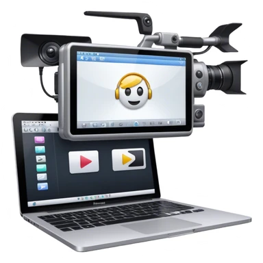 Create an emoji of video editing. Should feature a video editing timeline or interface on a computer screen, showing clips and a playhead. Include a video camera and editing tools. No any smiley faces in emoji. Make the background transparent. sticker