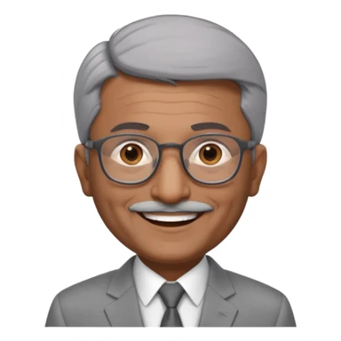 60 yr old indian man, short straight dark grey hair brushed foreward , light grey business suit, big smile, dark brown skin, no moustache, dark brown eyes, glasses
 sticker