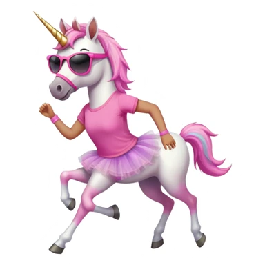friendly anthropomorphised female unicorn with horse-like face, in tutu and pink t-shirt, wearing dark sunglasses, jogging upright in standard pose sticker