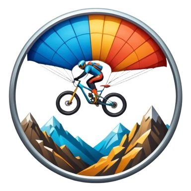 A bold, dynamic emblem combining elements of extreme sports like a mountain, a bike, and a parachute, all within a circular or shield-like shape. The design conveys speed, adventure, and adrenaline, with sharp lines and vibrant colors representing the thrill and intensity of extreme sports. sticker