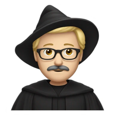 A man with blond hair and a mustache, wearing a black squared shaped eye glasses, wizard hat, black  robe sticker