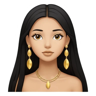 Pero que sea de una chica morena con pelo negro largo lacio. Que siempre utilize aretes dorados y axxesorios dorados y que sea AESTHETIC como pinterest sticker