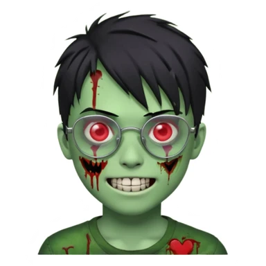 Zombie emo boy, green skin and black hair, chrome heart glasses and a scary smile, scars and blood under eyes sticker